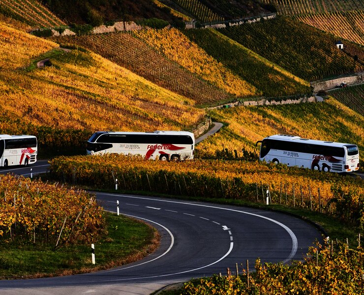 Feuerer Busse auf Fahrt an der Mosel