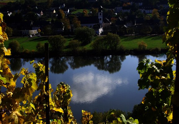 Blick auf die Mosel und die Simultankirche Brauneberg