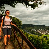 Ausblick vom Moselsteig am Schlossberg auf die Mosel und Kobern