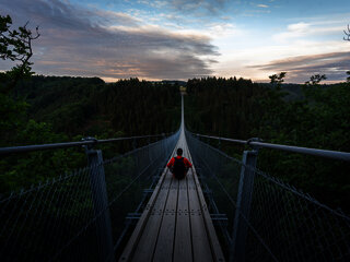 Das Bild zeigt eine Person die mittig auf der Hängeseilbrücke Geierlay sitzt. Rund um die Brücke befindet sich tiefgrünes Waldgebiet.