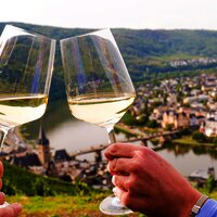 Genuss_Wein_Person_Aussicht_Mosel_Weinberg_Bernkas