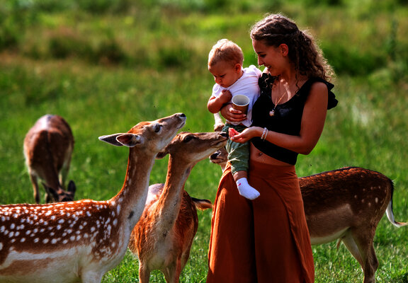 Das Bild zeigt eine Mutter mit ihren kleinen Baby auf dem Arm. Neben ihnen stehen Rehe.