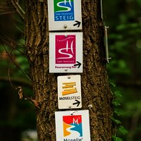 Wegeschilderschilder Moselsteig, Panoramaweg Perl, Moselle Trail und Saar-Hunsrück Steig