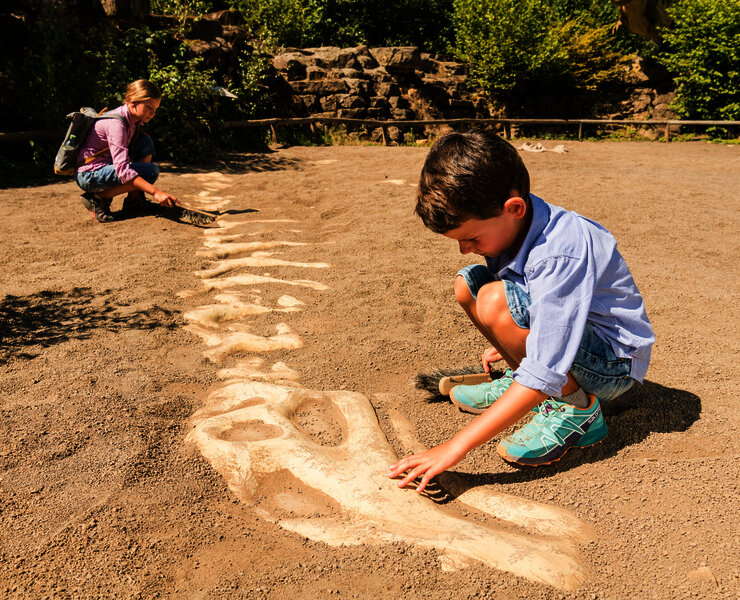 Das Bild zeigt zwei Kinder im Dinopark Teufelsschlucht, die auf einer Sandfläche ein Dinoskelett ausgraben.