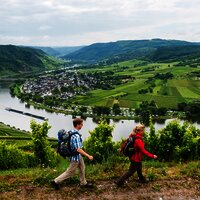 Moselschleife Kröv: Blick vom Steffensberg auf die Moselschleife bei Kröv mit dem Traben-Trarbacher Stadtteil Wolf und der Ruine des Wolfer Klosters