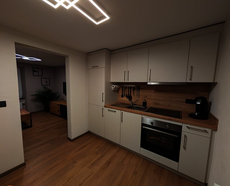 Küche mit angrenzendem Wohnzimmer