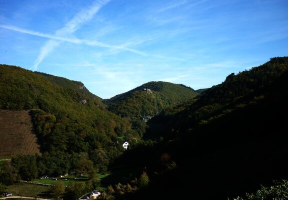 Blick ins Veldenzer Bachtal mit Schloss Veldenz