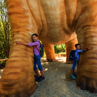 Das Bild zeigt zwei Kinder, die die riesigen Beine eines Dinosaurierexponates im Dinopark Teufelsschlucht umarmen.