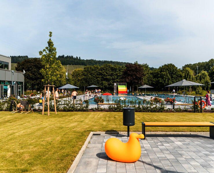 Das Bild zeigt eine Liegewiese und das Freibad des Vitelliusbads Wittlich