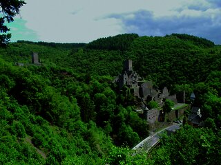 Das Bild zeigt die Manderscheider Burgen inmitten eines grünen Waldtales.
