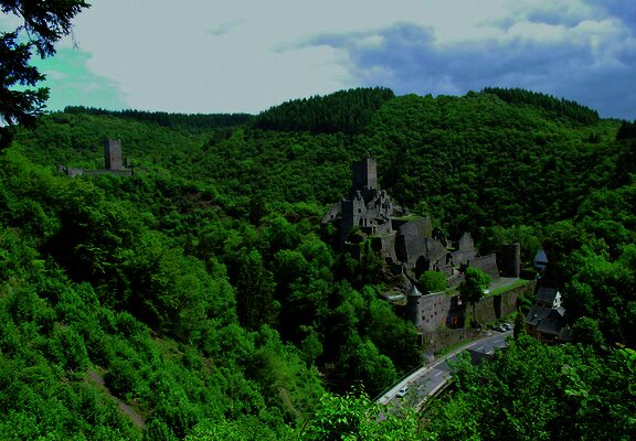 Das Bild zeigt die Manderscheider Burgen inmitten eines grünen Waldtales.